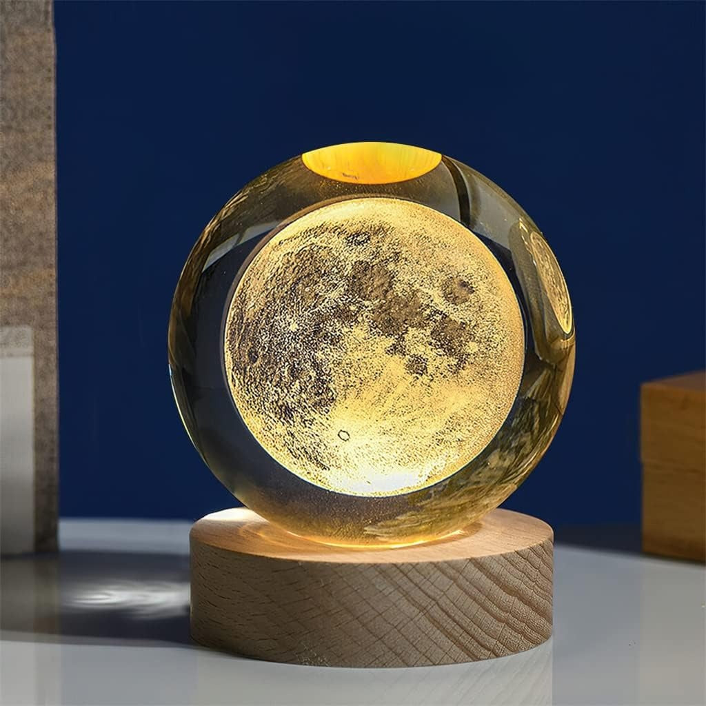 3D Crystal Ball Moon Lamp with Wooden Base – Glowing Night Light for Home Decor