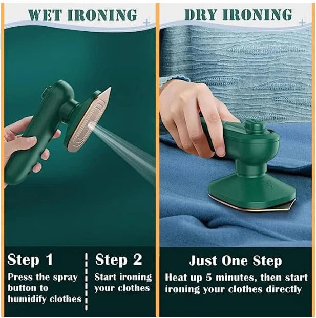 Portable Handheld Garment Steamer & Iron – Micro Steam Iron for Clothes – Compact 2-in-1 Travel Iron with Rotatable Handle & Water Tank (Deep Green)