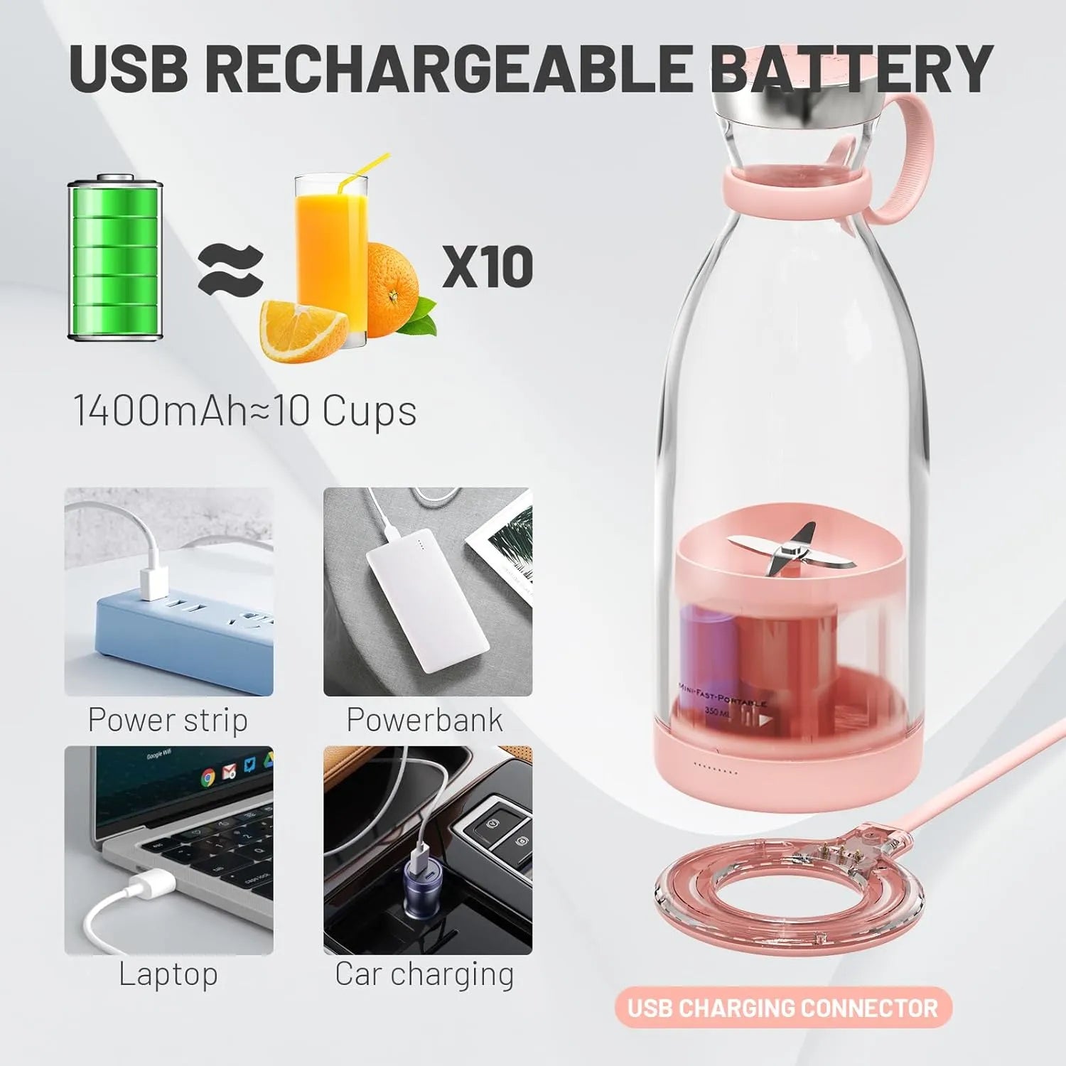 Portable Electric Juicer Blender – 350ml Rechargeable Smoothie Maker & Fresh Juice Mixer (Pink) - Fast USB Charging for Gym, Travel & Office