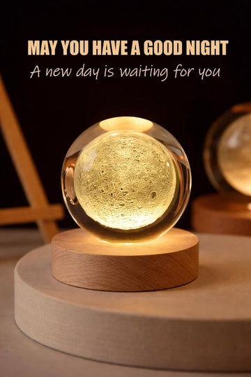 3D Crystal Ball Moon Lamp with Wooden Base – Glowing Night Light for Home Decor
