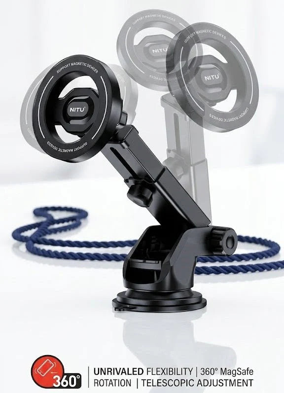 NITU MagSafe Magnetic 360° Rotate Phone Stand – Telescopic Adjustable Car & Desk Mount